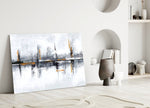 Painterly skyline cinematic glass wall art over master-bedroom headboard