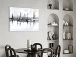 Ivory-and-pewter ghost-city glass wall art in heritage library