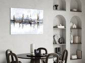Ivory-and-pewter ghost-city glass wall art in heritage library