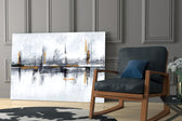Marigold-pewter abstract over modern dining sideboard