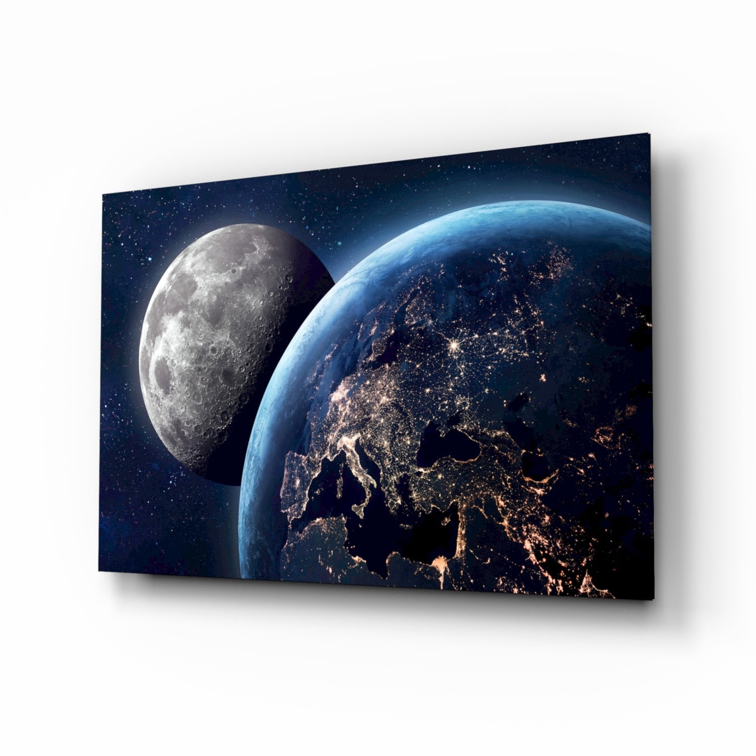 Moon over Earth space cinematic glass wall art above leather sofa in study