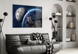 Space-archive cinematic glass wall art over modern dining sideboard
