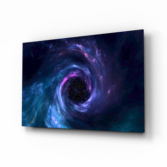 Cosmic whirlpool vortex cinematic glass wall art above leather sofa in study