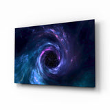 Cosmic whirlpool vortex cinematic glass wall art above leather sofa in study
