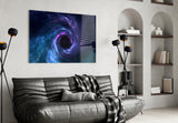 Space-render cosmic spiral cinematic glass wall art over master-bedroom headboard