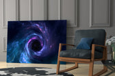 Amethyst-and-cobalt galaxy glass wall art over modern dining sideboard