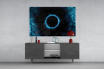 Smoke-and-ring cinematic glass wall art in modern home bar
