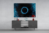 Smoke-and-ring cinematic glass wall art in modern home bar