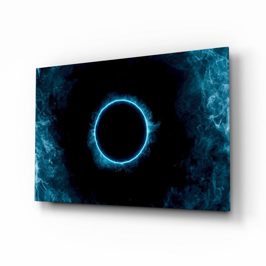 Cyan neon ring smoke cinematic glass wall art above black media console