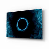 Cyan neon ring smoke cinematic glass wall art above black media console