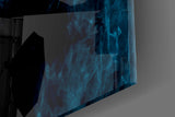 Cyan-and-smoke cinematic glass wall art in dramatic music room
