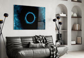 Neon ring captured-fluid cinematic glass wall art over walnut bar cabinet
