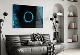 Neon ring captured-fluid cinematic glass wall art over walnut bar cabinet