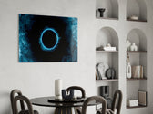 Electric-cyan portal cinematic glass wall art over master-bedroom headboard