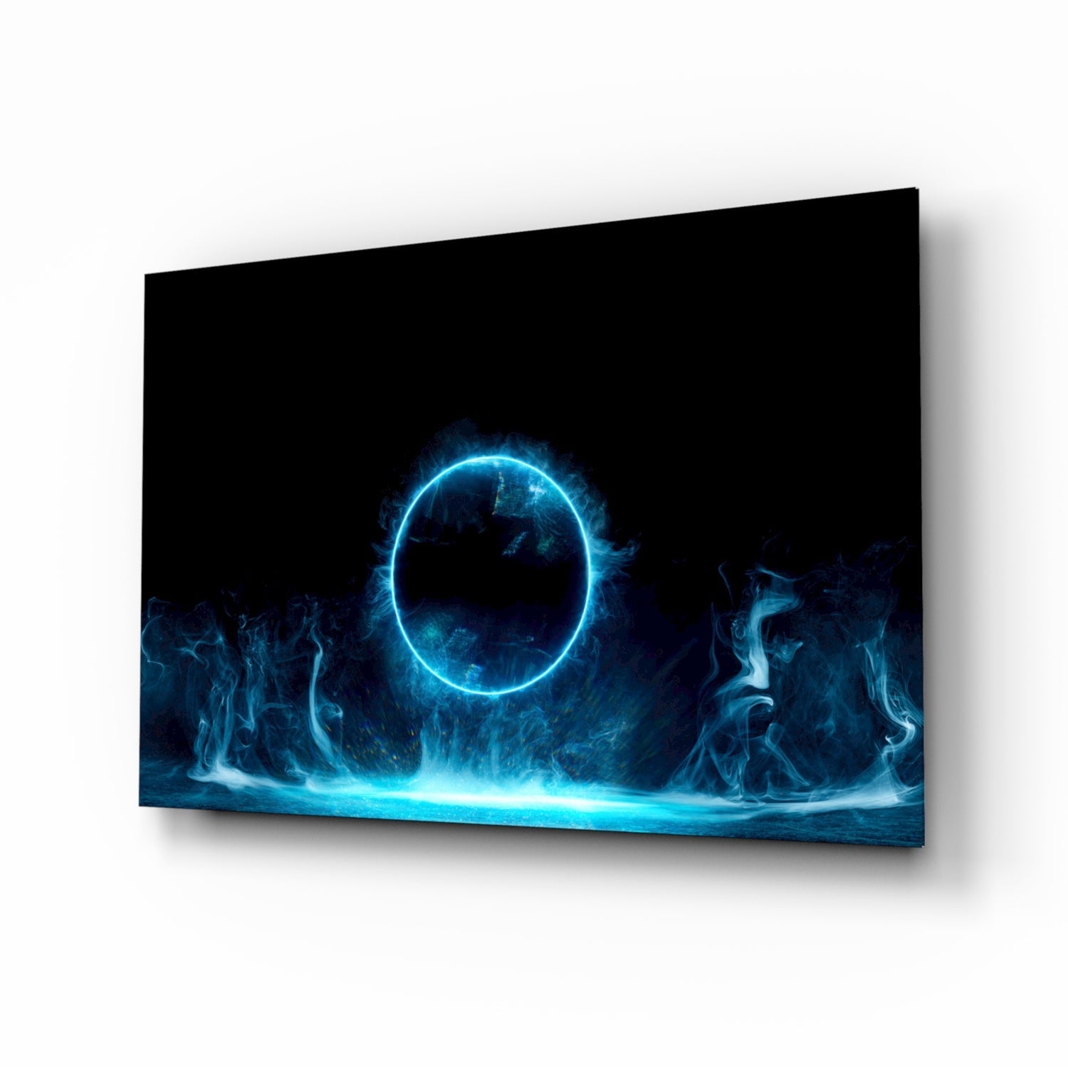 Cyan portal stage cinematic glass wall art above black media console