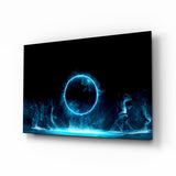 Cyan portal stage cinematic glass wall art above black media console
