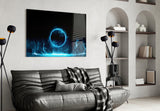 Neon-ring stage cinematic glass wall art over walnut bar cabinet