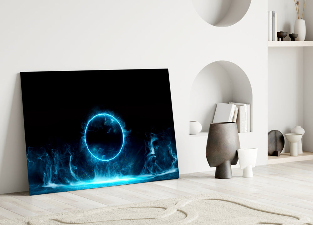Stage-light portal cinematic glass wall art in hospitality lounge entry