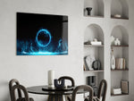Electric-cyan VFX cinematic glass wall art over master-bedroom headboard