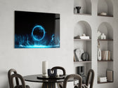 Electric-cyan VFX cinematic glass wall art over master-bedroom headboard