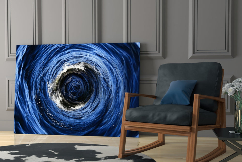 Cobalt foam-vortex glass wall art over modern dining sideboard