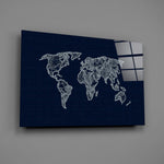 Indigo topographic map glass wall art over walnut conference desk in boardroom