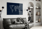 Silver-line world map glass wall art in maritime hallway