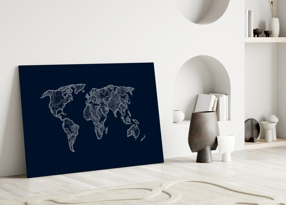 Navy chart-style cinematic glass wall art over master-bedroom headboard