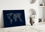 Navy chart-style cinematic glass wall art over master-bedroom headboard