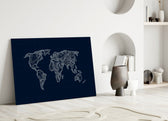 Navy chart-style cinematic glass wall art over master-bedroom headboard
