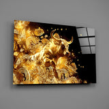 Crypto-bull poster glass wall art over walnut desk in finance-firm office