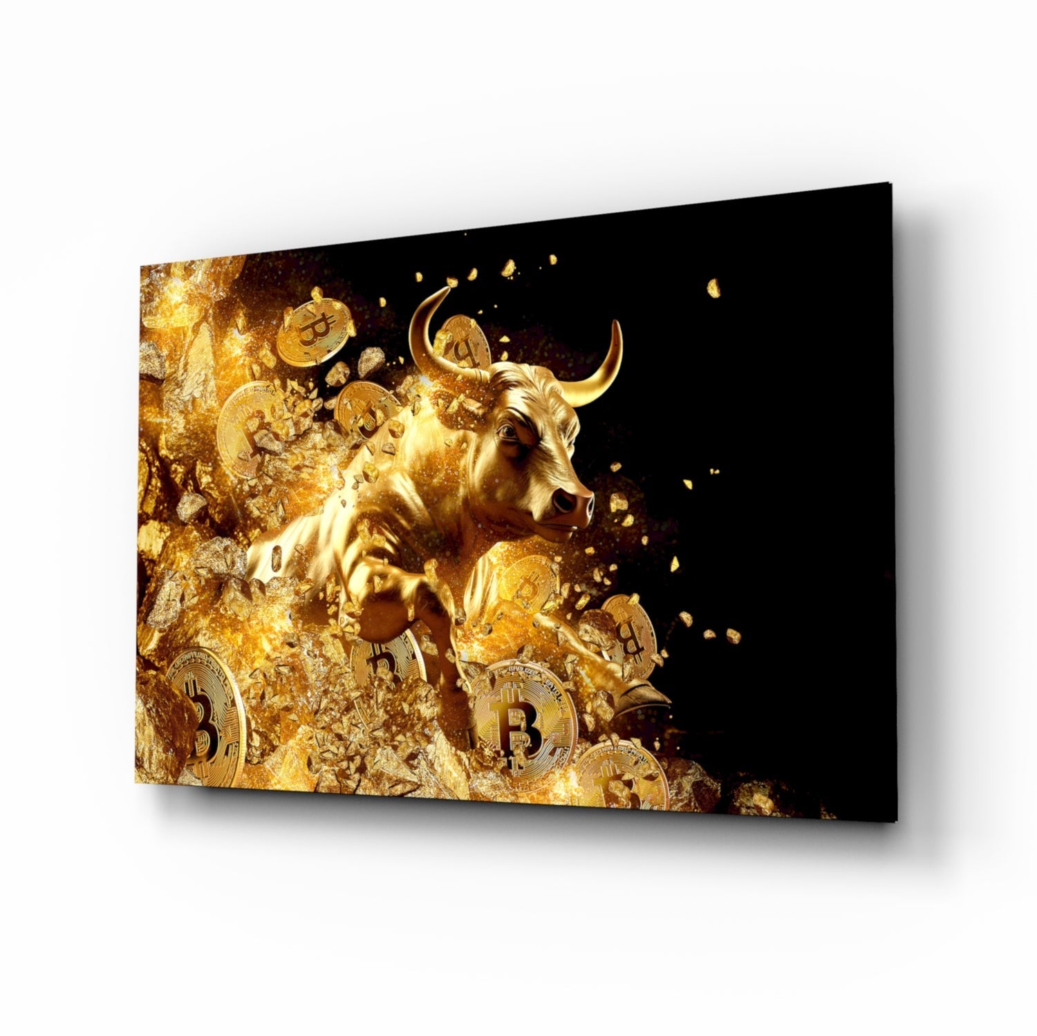 Golden Bitcoin bull cinematic glass wall art above leather sofa in trader's study