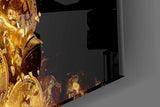 Gold Bitcoin charging-bull cinematic glass wall art in man-cave bar