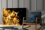 Bitcoin bull cinematic glass wall art over modern bar cabinet