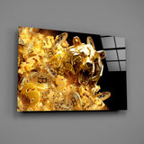 Crypto-bear poster glass wall art over walnut desk in finance-firm office