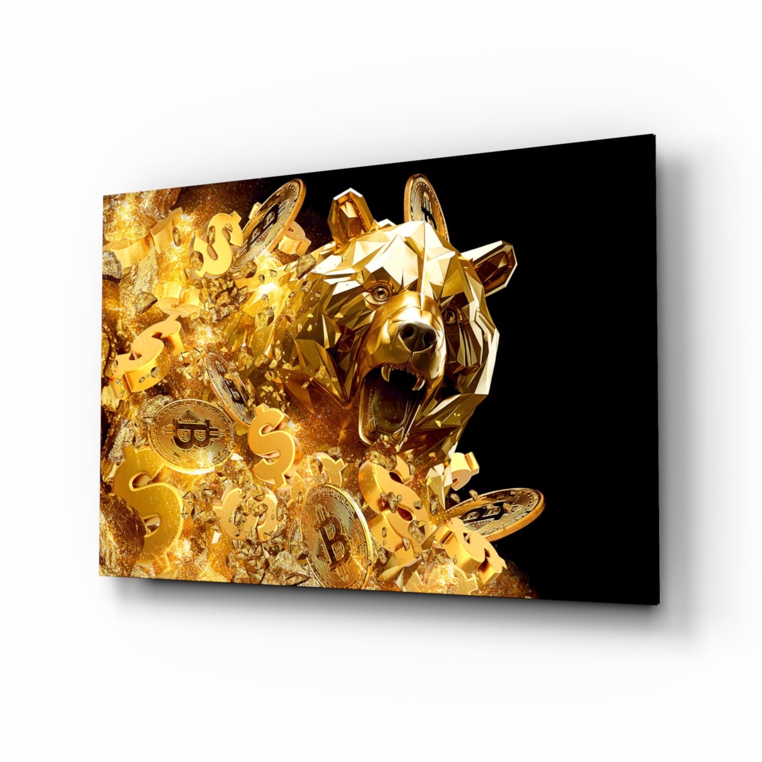 Golden Bitcoin bear cinematic glass wall art above leather sofa in trader's study