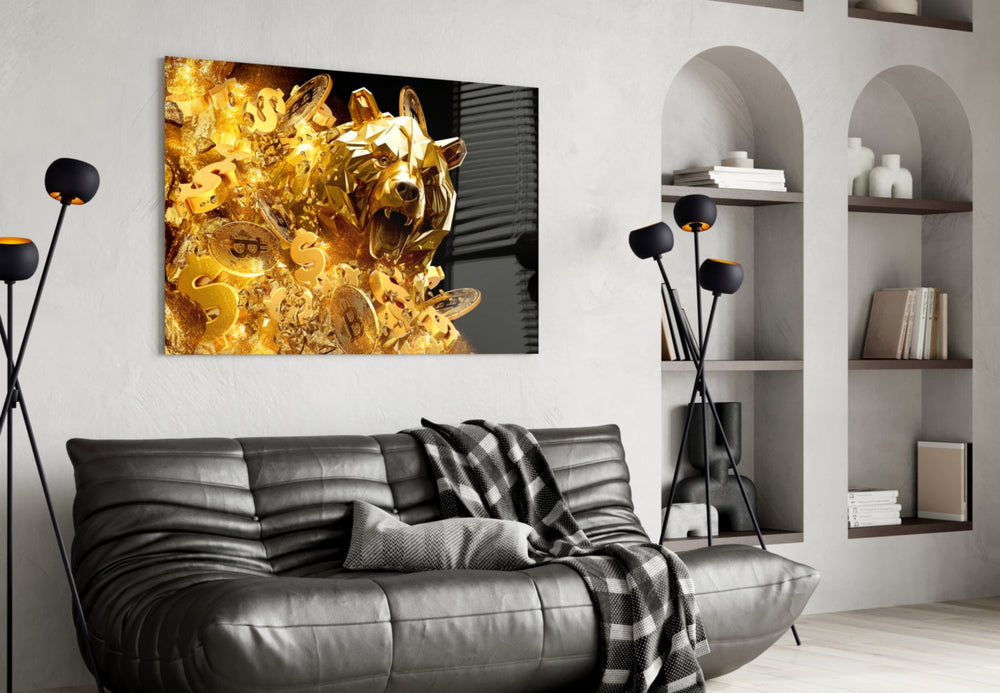 Bitcoin bear burst cinematic glass wall art in designer-luxury entryway