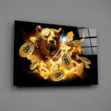 Crypto bull-vs-bear poster glass wall art over walnut desk in finance-firm office
