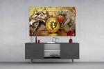 Crypto-trader silver bull-bear cinematic glass wall art in modern home office