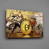 Crypto trading-floor poster glass wall art over walnut desk in finance-firm office