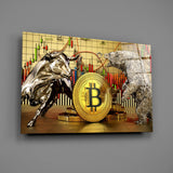 Crypto trading-floor poster glass wall art over walnut desk in finance-firm office
