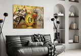 Bitcoin candlestick-chart cinematic glass wall art in designer-luxury entryway
