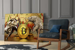 Bitcoin trading cinematic glass wall art over modern bar cabinet