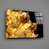 Crypto bull-and-bear poster glass wall art over walnut desk in finance-firm office