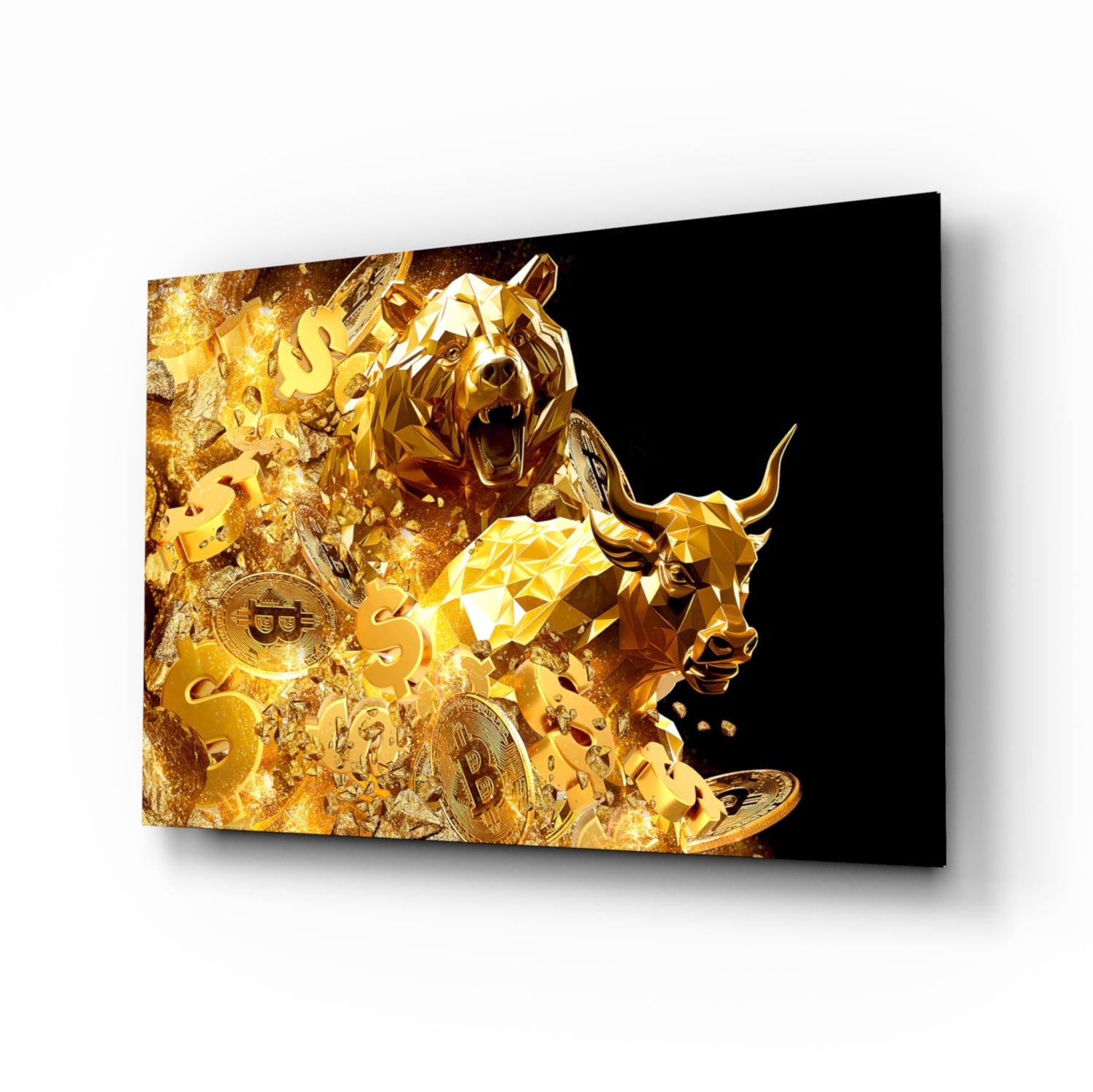 Golden bull and bear Bitcoin cinematic glass wall art above leather sofa in trader's study
