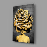 Surreal couture rose-woman glass wall art in fashion-atelier entry