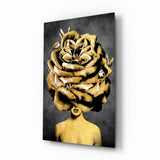 Golden rose head muse cinematic glass wall art in glamorous bedroom