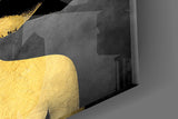 Gold-rose figure cinematic glass wall art over walnut console in designer hallway