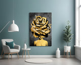 Couture-surrealism muse cinematic glass wall art in boutique-hotel lounge