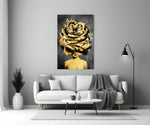 Rose-crowned woman cinematic glass wall art beside master-bedroom dressing table